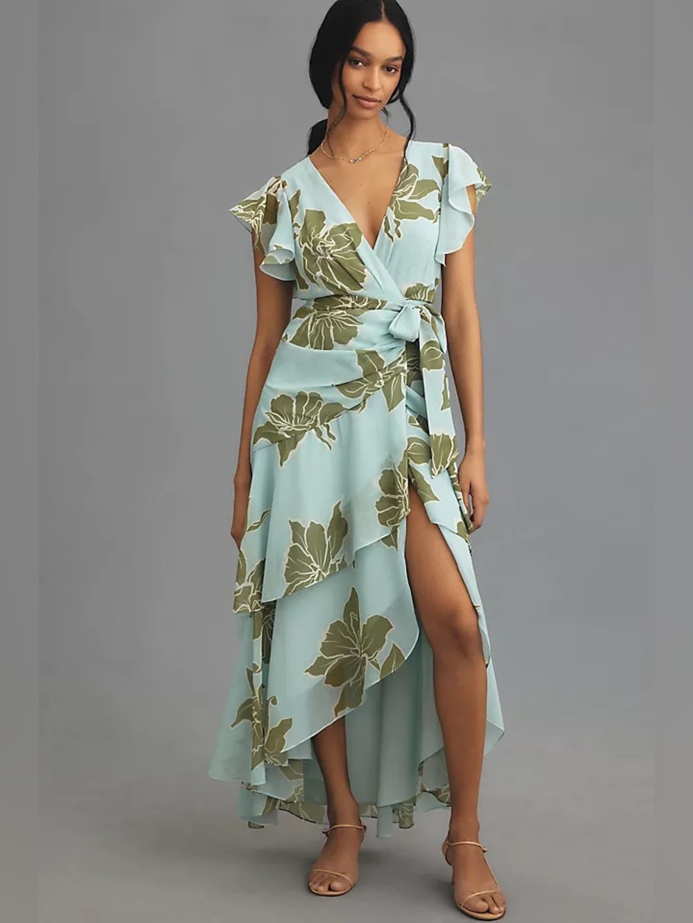 Hutch Floral Tiered Wrap Maxi Dress Green Blue‎ Medium